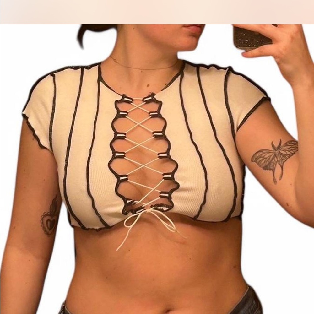 Stylish Black and White Lace-Up Crop Top